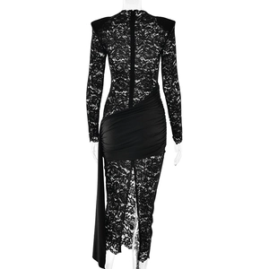 Detail of black lace sleeves and pleated waist design with ribbon on slim bodycon dress