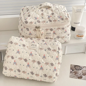 Quilted elephant print cosmetic bag set with large travel pouch and flat zipper bag