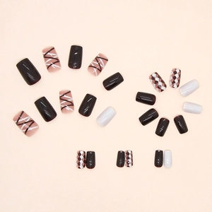 Brown and white plaid press-on nail set with glossy square-oval finish in minimalist design