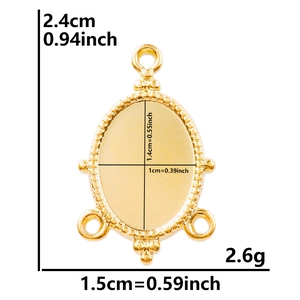 Golden 304 stainless steel oval pendant base with four loops and size measurements