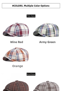 Detailed grid of vintage plaid newsboy caps in wool and linen fabrics with various colors
