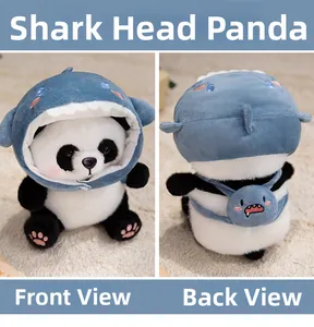 Front and back views of a plush panda wearing a removable blue shark hood and backpack