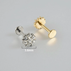 F136 titanium snowflake labret stud with zircon flower design measuring 5.6mm diameter