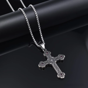 Polished silver Viking cross pendant with purple stones and a thick link chain