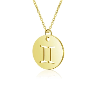 Detailed macro of golden Gemini constellation pendant necklace with polished cutout finish