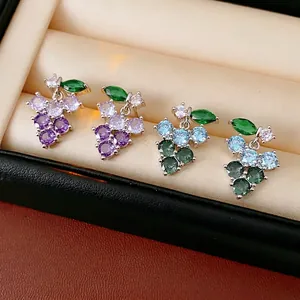 Elegant Grape Cluster Stud Earrings Zircon Inlaid Copper With 925 Sterling Silver Earring Post Fashion Jewelry For Women