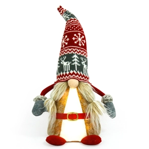Lighted Christmas gnome plush with red knit hat and warm LED glow for holiday decor