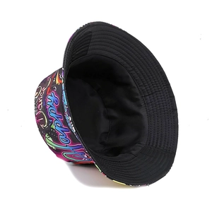 Double-sided sun hat with street graffiti print and Happy Dance embroidery on black canvas