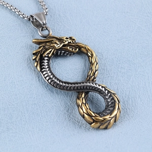 Vintage gold and silver stainless steel dragon pendant necklace for men with scales