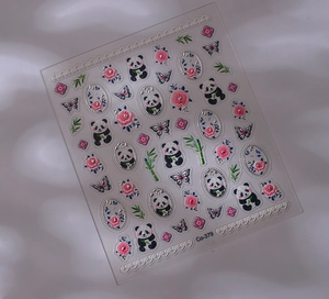 Detail von 3D-Präge-Nagelaufklebern mit Pandas, Bambus und Blumen, Modellnummer Co-379