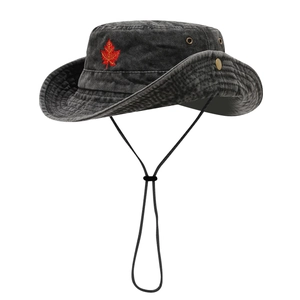 Washable black wide brim outdoor sun hat with red maple leaf embroidery and windproof cord