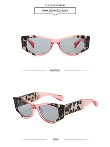 Detail view showing pink leopard cat eye sunglasses with grey lenses from front and side