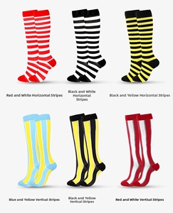 Six pairs of striped knee-high compression socks in various colors on a white background