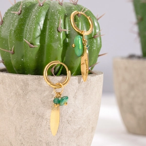 Gold stainless steel hoop earrings with leaf charms and green natural stone beads