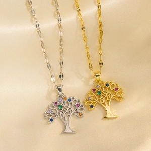 Tree Of Life Pendant Necklace Titanium Stainless Steel With Colorful Zircon Rhinestones Boho Jewelry Gift For Women