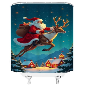Christmas shower curtain featuring Santa flying over a snowy village with reindeer