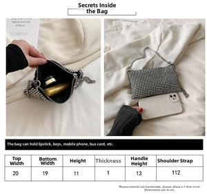 Detailed size chart for children fashion square bag with precise measurements for strap and body