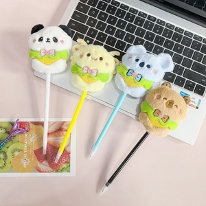 Set of four cute plush animal ballpoint pens featuring panda and koala designs