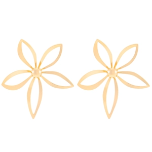 Detail of gold floral stud earrings with hollow petals and a polished metallic finish