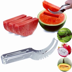 Stainless steel watermelon slicer tool for effortless fruit cutting on white background