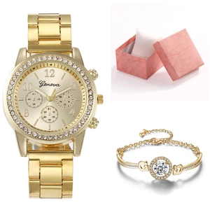 Coffret montre femme dorée avec lunette en cristal, bracelet assorti et boîte cadeau