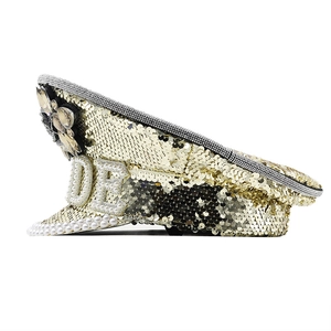 Golden sequin bride captain hat with white pearls and champagne rhinestone flower