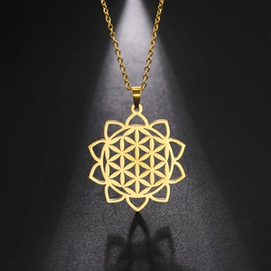 Golden Flower of Life stainless steel necklace with hollow geometric pendant design