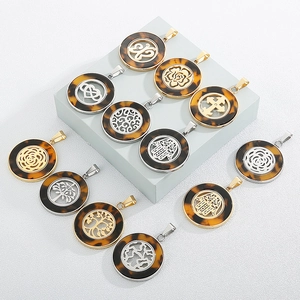 Minimalist hollow round stainless steel necklaces with resin tortoiseshell pendants
