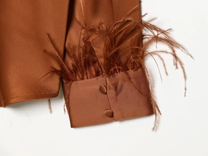 Detail of elegant brown satin shirt cuff featuring feather trim and double button closure