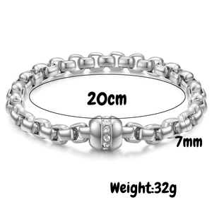 7mm breites Edelstahl-Gliederarmband mit 20cm Länge und diamantbesetztem Zylinderdetail