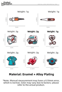 Detail view of medical enamel pins with exact measurements and weights for each design