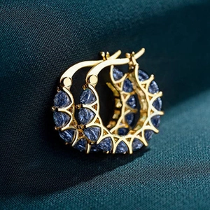 French style gold U-shaped hoop earrings with micro-p鑲 blue zircon stones for women
