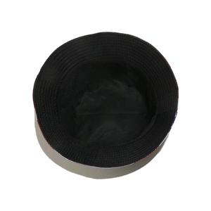 Detailed interior view of a black bucket hat featuring high-quality stitching and seam work