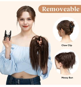 Detail of removable claw clip and dark brown messy bun hairpiece set for women