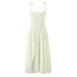 Abito lungo floreale in chiffon con spalline annodate e spacco laterale bianco e giallo