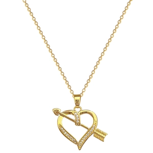 Elegant gold titanium heart and arrow pendant necklace with sparkling cubic zirconia crystals