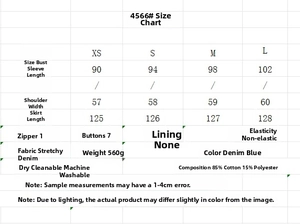 Guide des tailles pour robe midi en jean femme avec mesures de poitrine et d'épaules