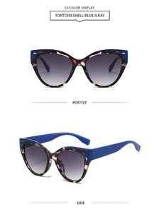 Front and side view of cat eye sunglasses in tortoise blue with gray gradient lenses