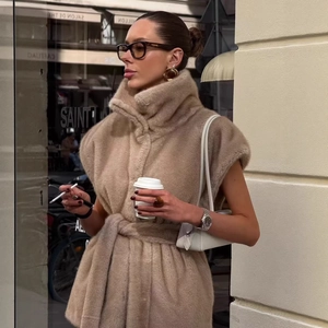 Gilet En Fausse Fourrure Pour Femmes Veste Sans Manches Col Montant Avec Ceinture Streetwear Élégant Gilet Uni