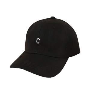 Classic black cotton baseball cap with white embroidered C letter in minimalist style