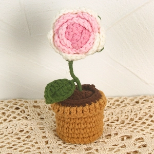 Handmade knitted potted rose flower bouquet in pink and white for gift or car decor