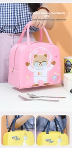 Detail of reinforced thickened handles on cartoon insulated lunch bags for kids