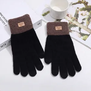 Detail of color-block knit touchscreen gloves with leather logo tag and warm texture