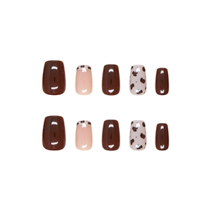 Short square press-on nails set featuring dark brown solids and leopard print designs