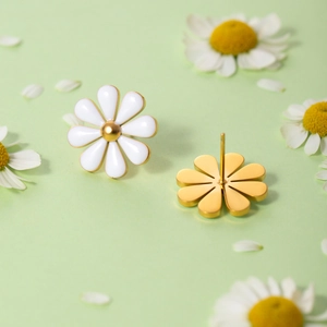 18k gold plated stainless steel daisy flower stud earrings with white enamel petals