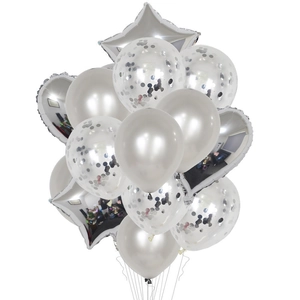 Kit de ballons argent et blanc avec formes en aluminium cœur et étoile et confettis argent