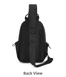 Rear view of black oxford cloth chest bag featuring wide shoulder strap and anti-theft zip