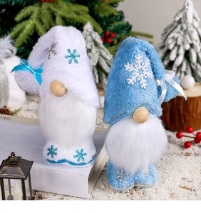 Close-up of plush Christmas faceless gnomes in white and blue among winter holiday decor