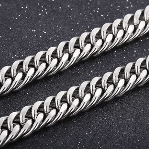 Close-up of polished silver stainless steel Cuban link chain with thick metal texture