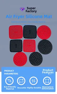 Tapis de friteuse à air réutilisables en silicone, formes carrées et rondes, rouge et noir